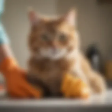 A person using rubber gloves to remove cat hair from fabric