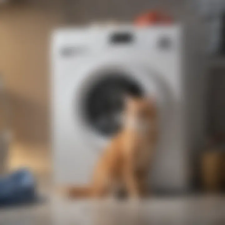 A washing machine with clothes inside, showcasing cat hair