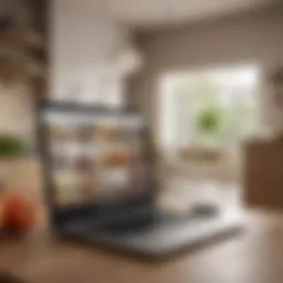 A smart home kitchen with a laptop open to a grocery delivery site