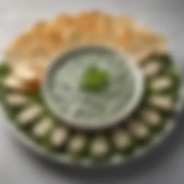 An elegant platter featuring spinach dip with a variety of dippers