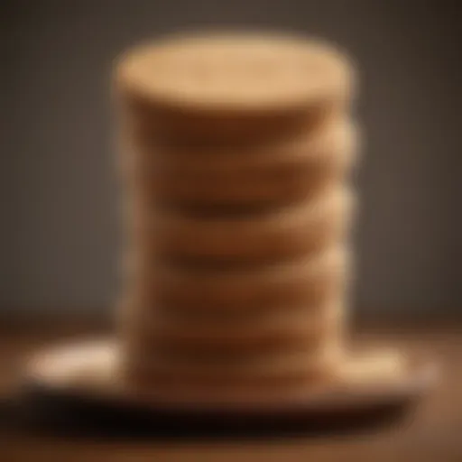 A close-up of English digestive biscuits stacked elegantly on a wooden plate.