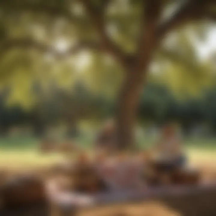 A cozy picnic setup under a large oak tree with friends enjoying the moment