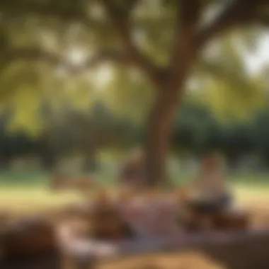 Creating a Cozy Picnic Atmosphere A cozy picnic setup under a large oak tree with friends enjoying the moment