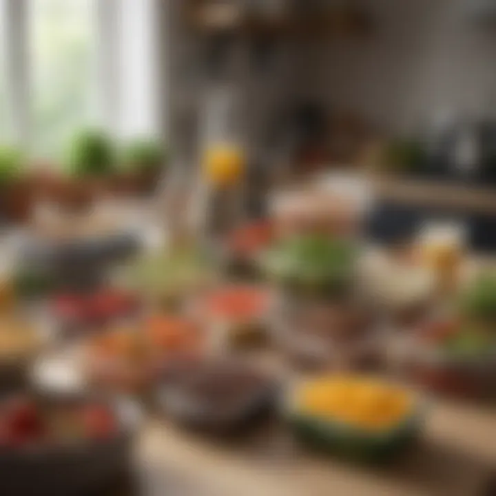 A well-organized meal prep setup with labelled containers and fresh ingredients.