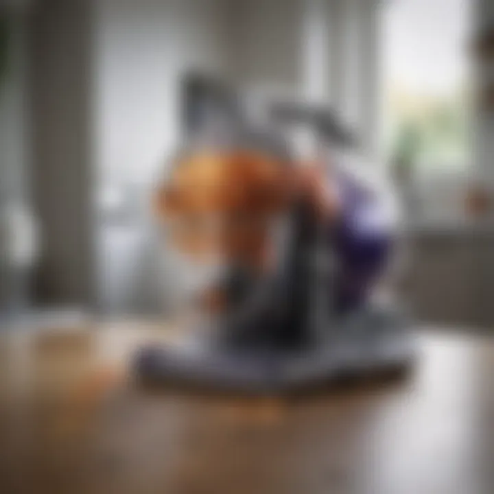 Close-up of Dyson animal vacuum showcasing advanced filtration system.