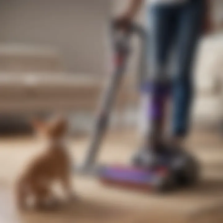 A satisfied pet owner using Dyson vacuum to clean pet hair from upholstery.