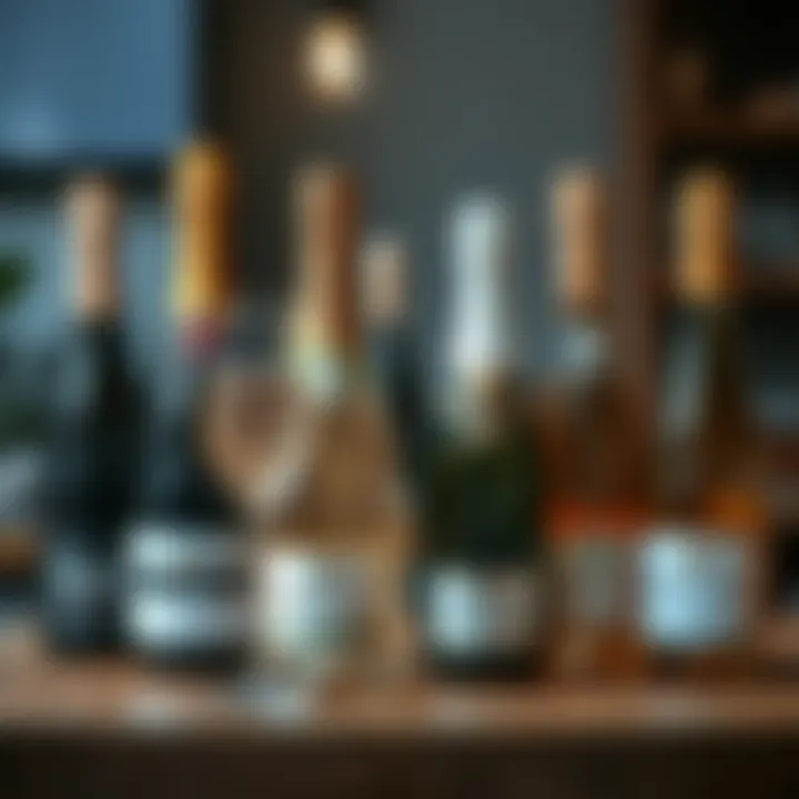 Diverse Selection: Affordable Prosecco Brands An array of affordable Prosecco bottles on a wooden table, each representing different brands and styles.