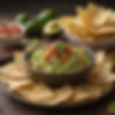 A close-up of traditional guacamole served with crispy tortilla chips