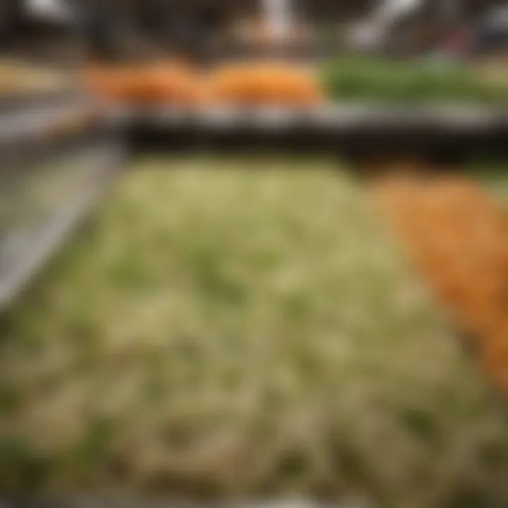 An organized display of bean sprouts in a grocery store setting, highlighting their market presence