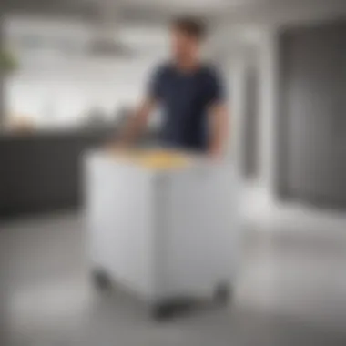 Person maneuvering a small chest freezer on wheels with ease
