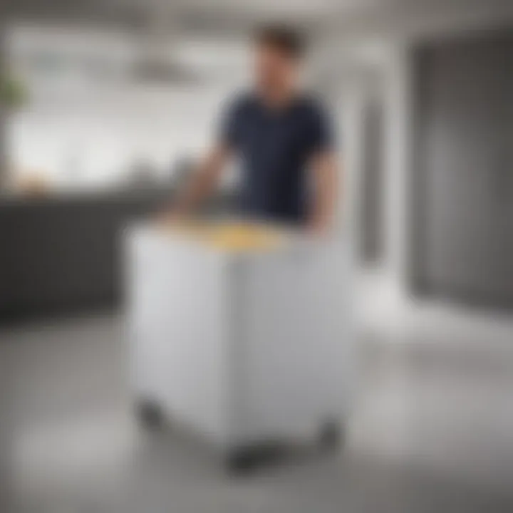 Person maneuvering a small chest freezer on wheels with ease