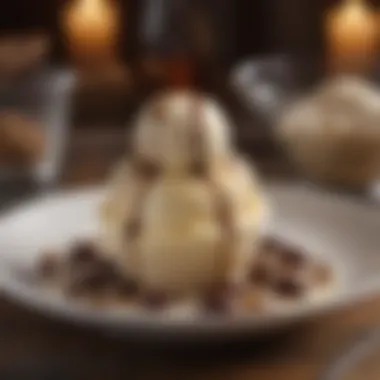 A beautifully arranged dessert plate featuring bourbon ice cream and chocolate drizzle