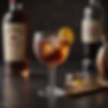 A cocktail glass filled with a bourbon and vermouth mix, artfully presented