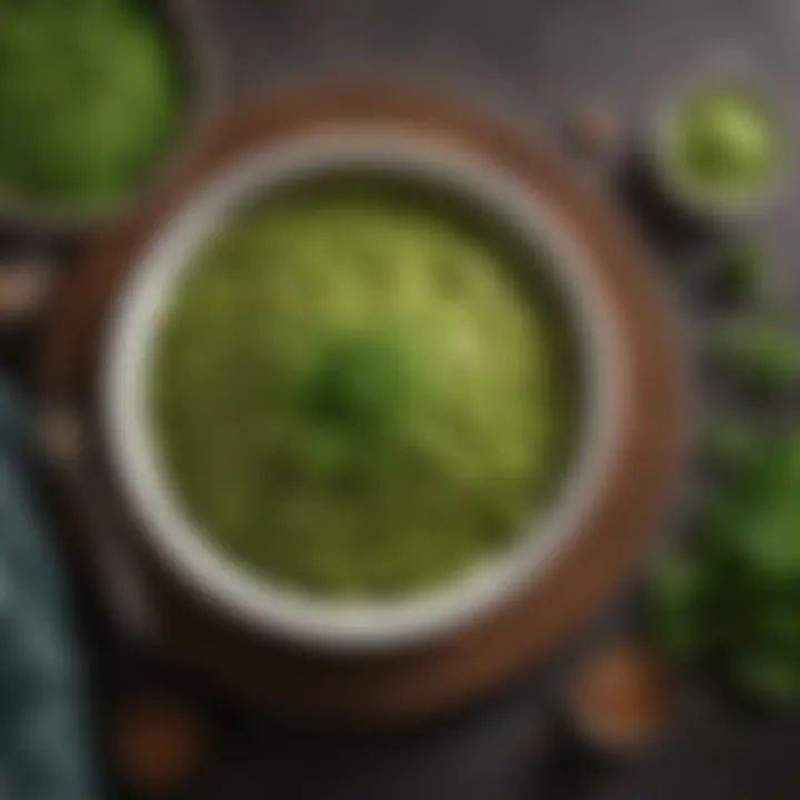 A bowl of vibrant green mushy peas served elegantly