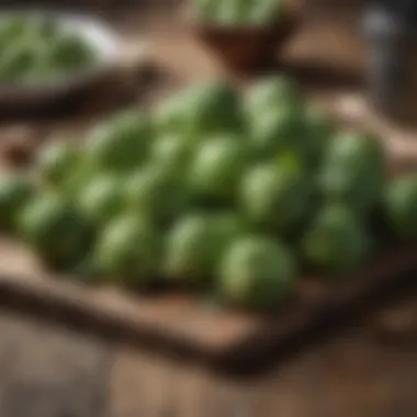 Freshly harvested Brussels sprouts on a rustic wooden table