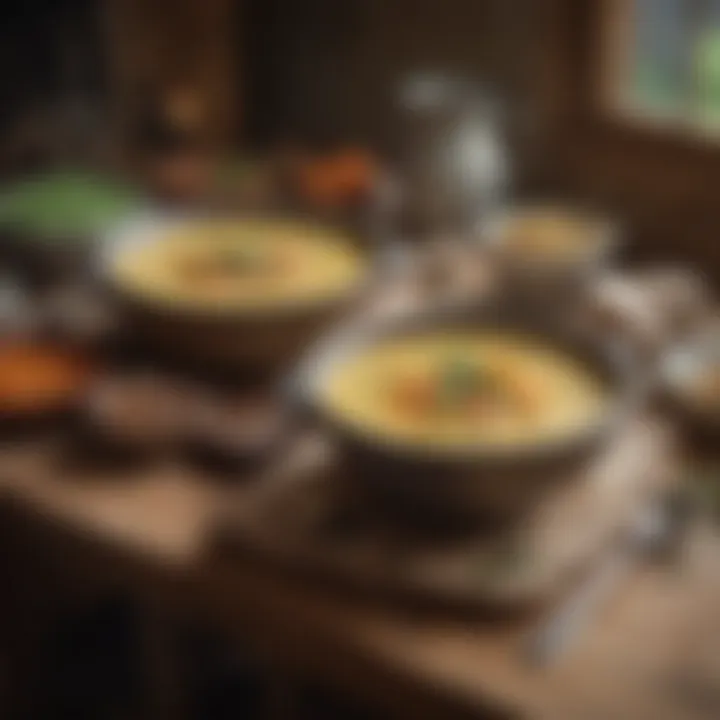 A rustic kitchen scene featuring butter bean soup on a wooden table