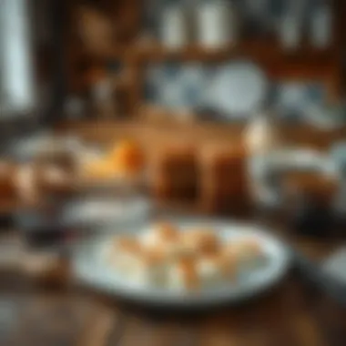 A rustic kitchen scene with essential ingredients spread out for baking caramel cake