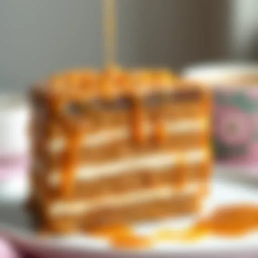 A beautifully layered caramel cake showcasing its rich texture and glistening topping