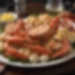 A beautifully arranged seafood platter featuring lobster, shrimp, and crab legs