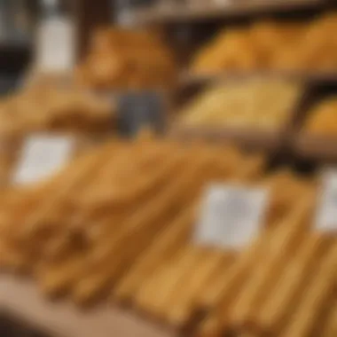 An assortment of local cheese straw brands displayed on a market stall