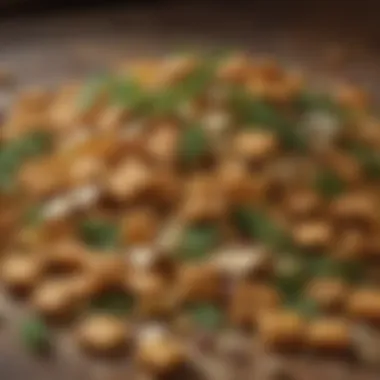 A detailed view of dill seasoning sprinkled over Chex Mix.