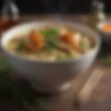 A bowl of steaming chicken and noodles adorned with fresh herbs