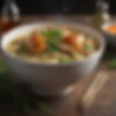 A bowl of steaming chicken and noodles adorned with fresh herbs