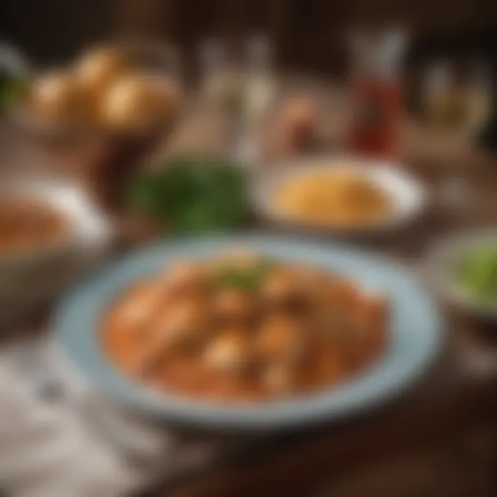 An elegant table setting featuring Chicken Paprikash with traditional sides
