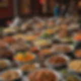 An array of colorful dishes at a Chinese buffet showcasing various cuisines.