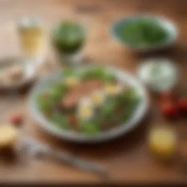 A table set with a green salad and a glass of water, emphasizing health