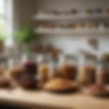 A serene kitchen setting with jars of grains and legumes on display