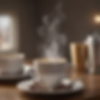 Elegant Coffee Experience An elegant coffee cup with steam rising, surrounded by coffee packaging
