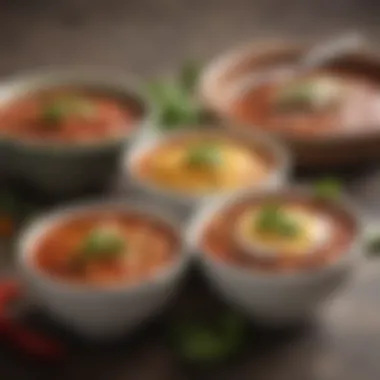 A variety of enchilada sauces displayed in small bowls, showcasing different textures and colors