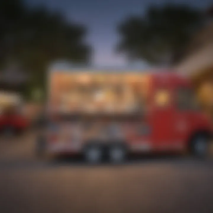 A vibrant street lined with various food trucks in Austin, showcasing diverse culinary options.