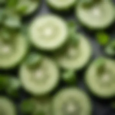 A close-up of cucumber slices garnished with mint leaves