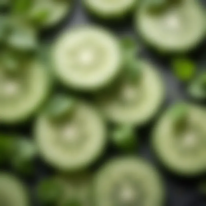 A close-up of cucumber slices garnished with mint leaves