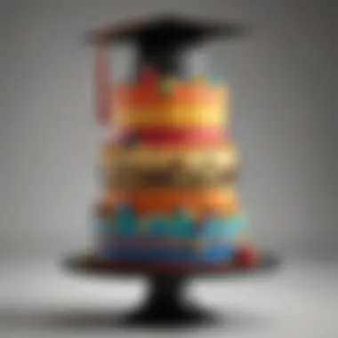 Colorful tiered cake showcasing different graduation themes