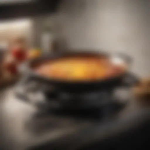 Aesthetic view of a deep dish frying pan with lid on a kitchen countertop