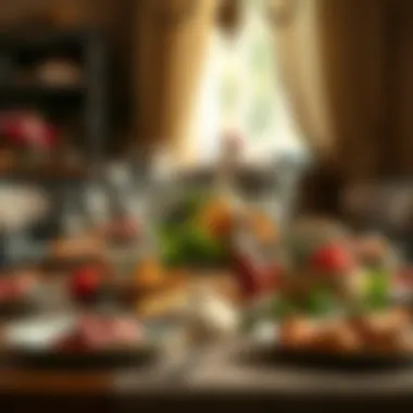 An elegant table setting adorned with seasonal ingredients and herbs.