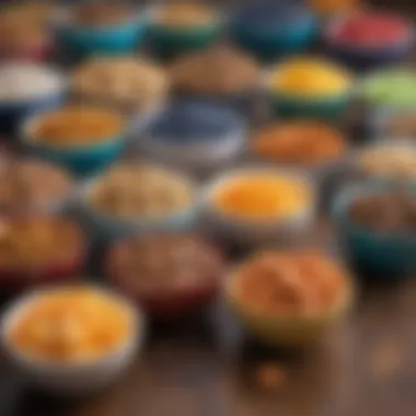 Different flavors of dog treats displayed in colorful bowls