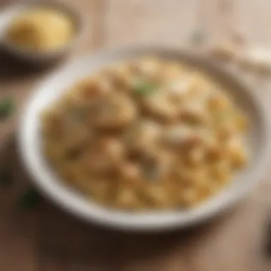 Creamy Pasta with Chicken Breast and Parmesan A cozy bowl of creamy chicken breast pasta topped with parmesan cheese.