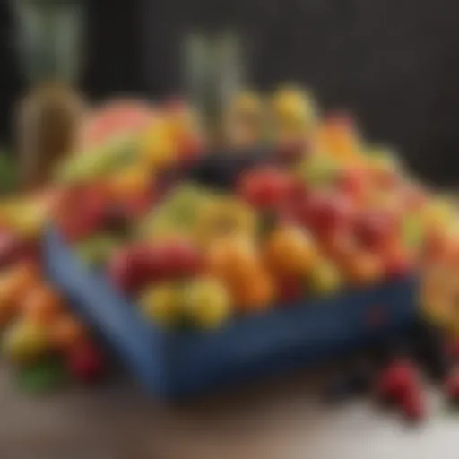 A vibrant display of assorted fruits beautifully arranged in a decorative box