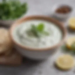 A vibrant bowl of tzatziki sauce with fresh herbs