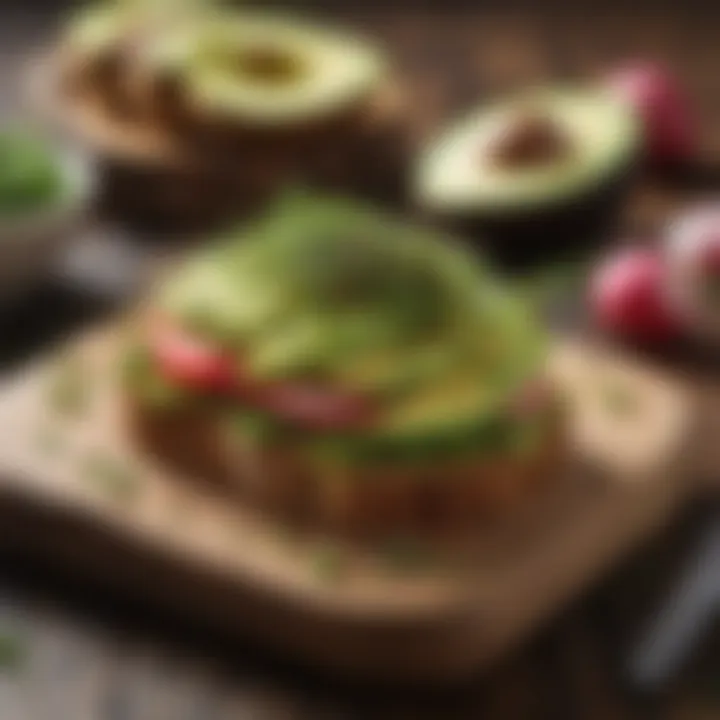 A gourmet avocado toast topped with radishes and microgreens on a rustic wooden table