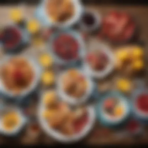 A vibrant breakfast spread featuring a colorful assortment of fruits and pastries
