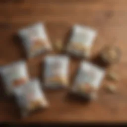 A display of various fat free ranch packets on a wooden table