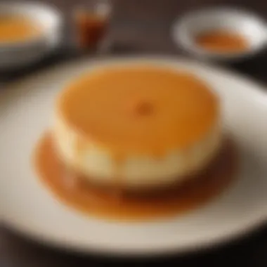 A close-up of a creamy vanilla flan garnished with caramel sauce