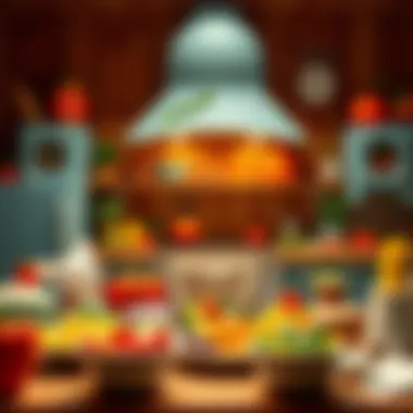 Magic of the Culinary World A whimsical illustration of a kitchen filled with playful food characters