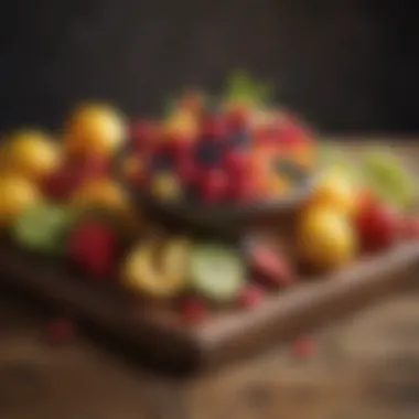 Fresh fruits arranged artistically on a wooden table