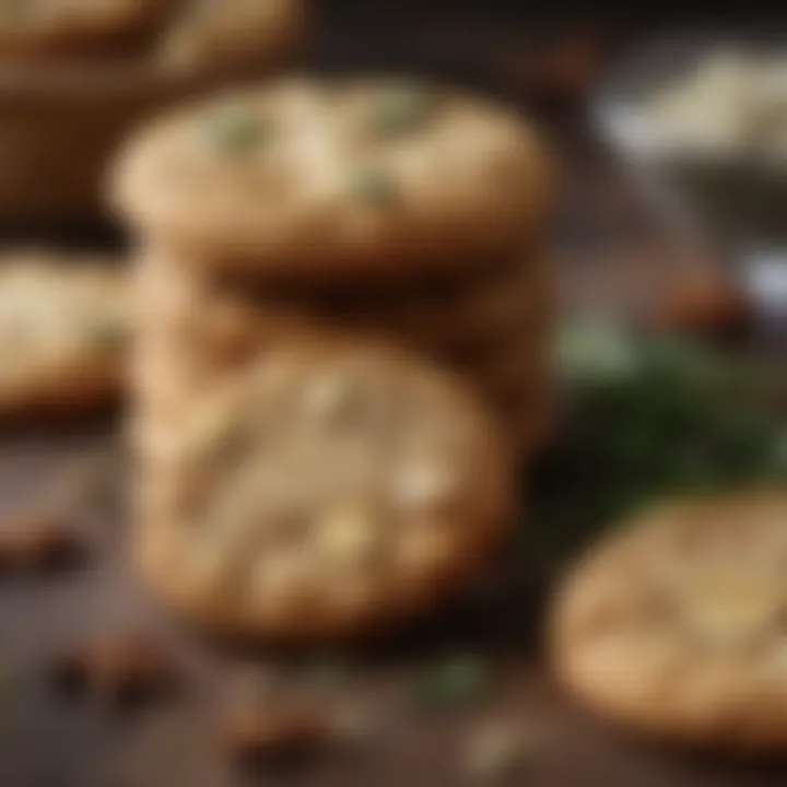 A close-up of ginger cookies garnished with spices and herbs